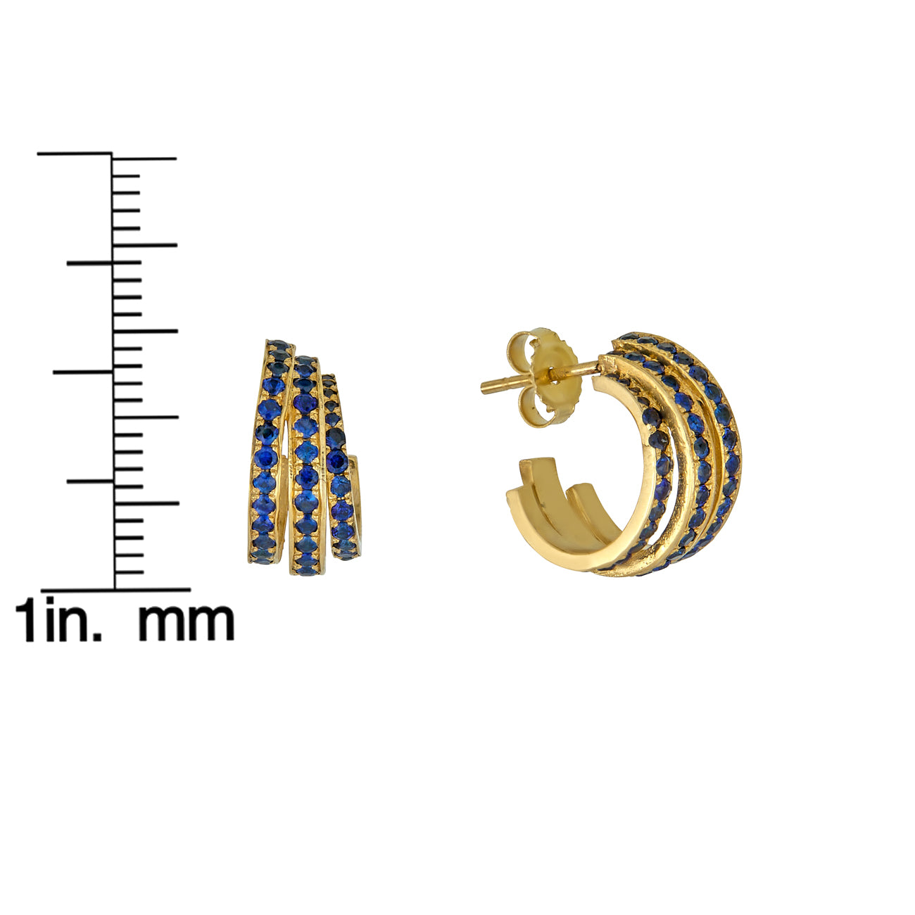 14k gold sapphire hoop earrings, 15mm hoops with vivid blue gemstones, elegant fine jewelry