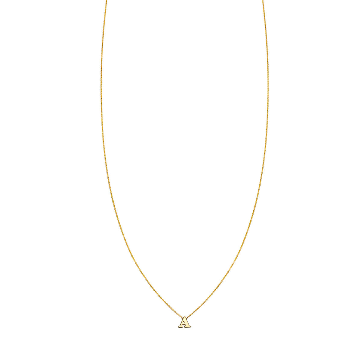 14k yellow gold letter A initial necklace by Phoenix Roze, handcrafted in NYC, custom chain lengths 18-24 inches