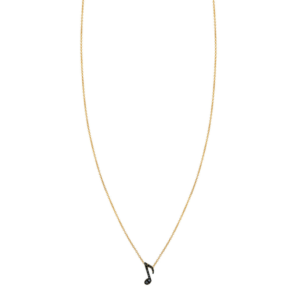 Black diamond eighth note necklace in 14k gold, pavé musical note pendant with bold sparkle, handmade for music lovers.