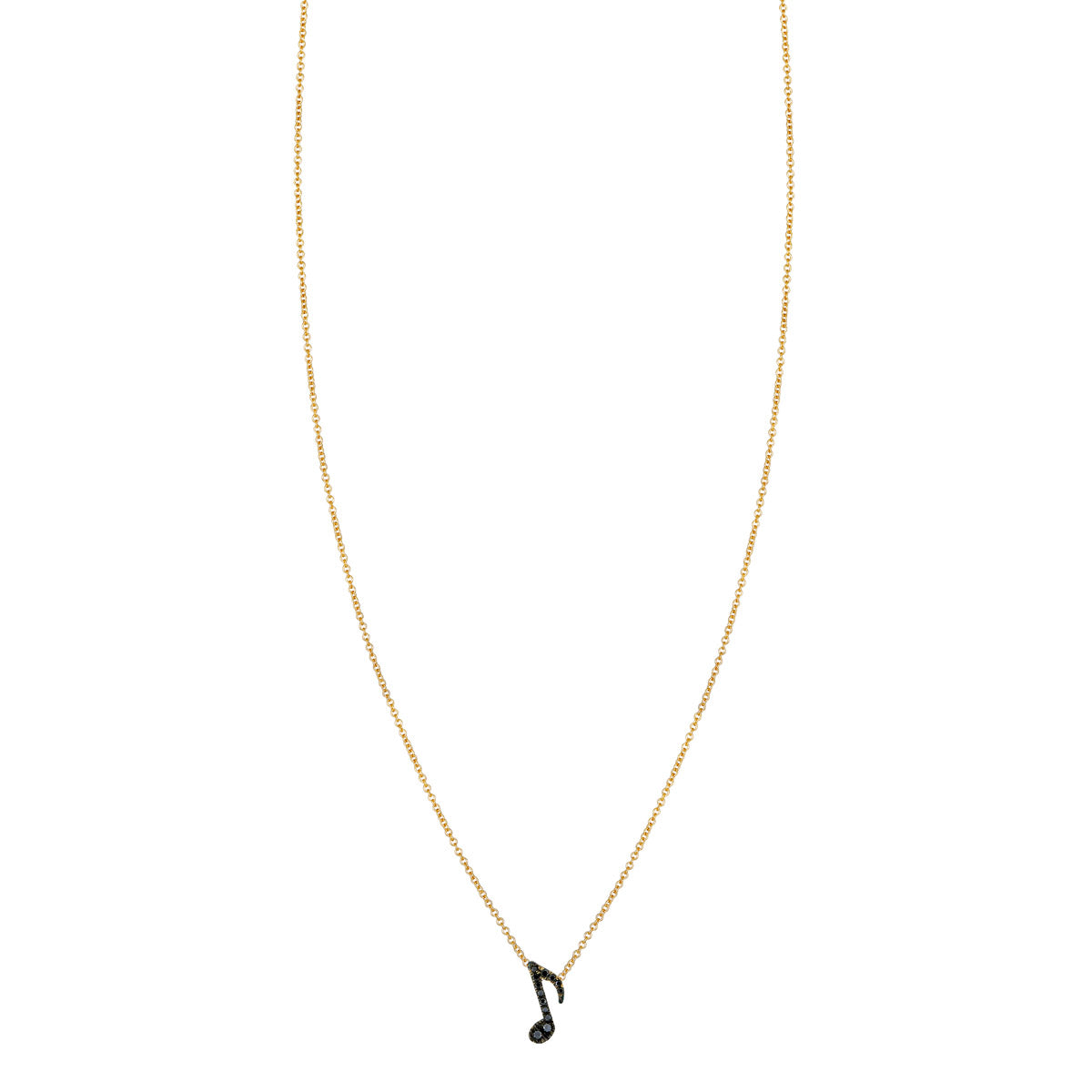 Black diamond eighth note necklace in 14k gold, pavé musical note pendant with bold sparkle, handmade for music lovers.