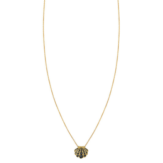 Mystic Tides black diamond pavé seashell necklace in solid 14k gold, handmade in NYC—edgy ocean-inspired jewelry