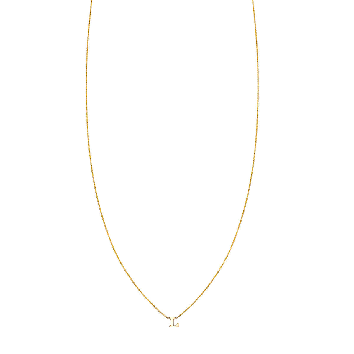 Letter L 14k gold initial necklace in yellow, white, or rose; customizable chain lengths; handcrafted in NYC