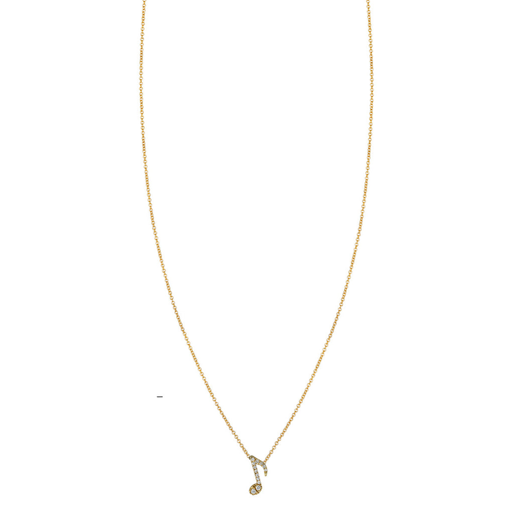 Diamond eighth note necklace in solid 14K gold with pavé white diamonds, 10mm pendant, handmade in NYC.