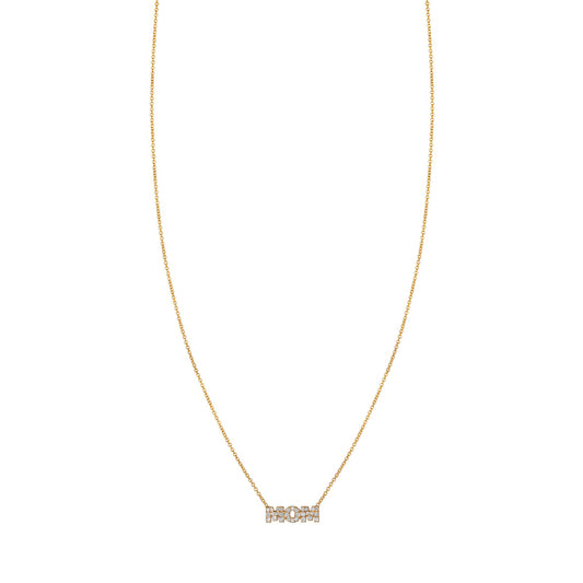 Pave Diamond Mom Necklace in 14K gold—pave-set MOM letters, a heartfelt Mother’s Day gift in yellow, rose, or white gold.