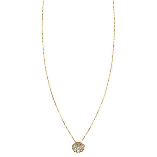 Seaside Sparkle diamond seashell necklace in 14K gold, pavé white diamonds, 10mm pendant handmade in NYC by Phoenix Roze
