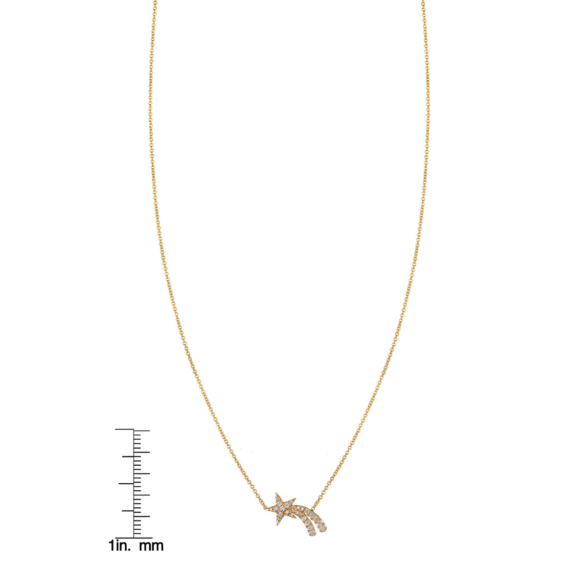 Sparkling diamond shooting star necklace by Phoenix Roze with ruler for size reference