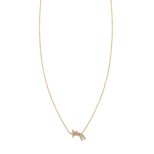 Solid 14k gold diamond shooting star necklace with two trails in pavé white diamonds – Phoenix Roze