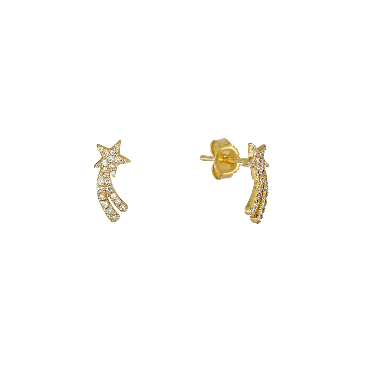 Diamond shooting star stud earrings in solid 14k gold with pavé white diamonds, handmade in NYC—celestial everyday sparkle.