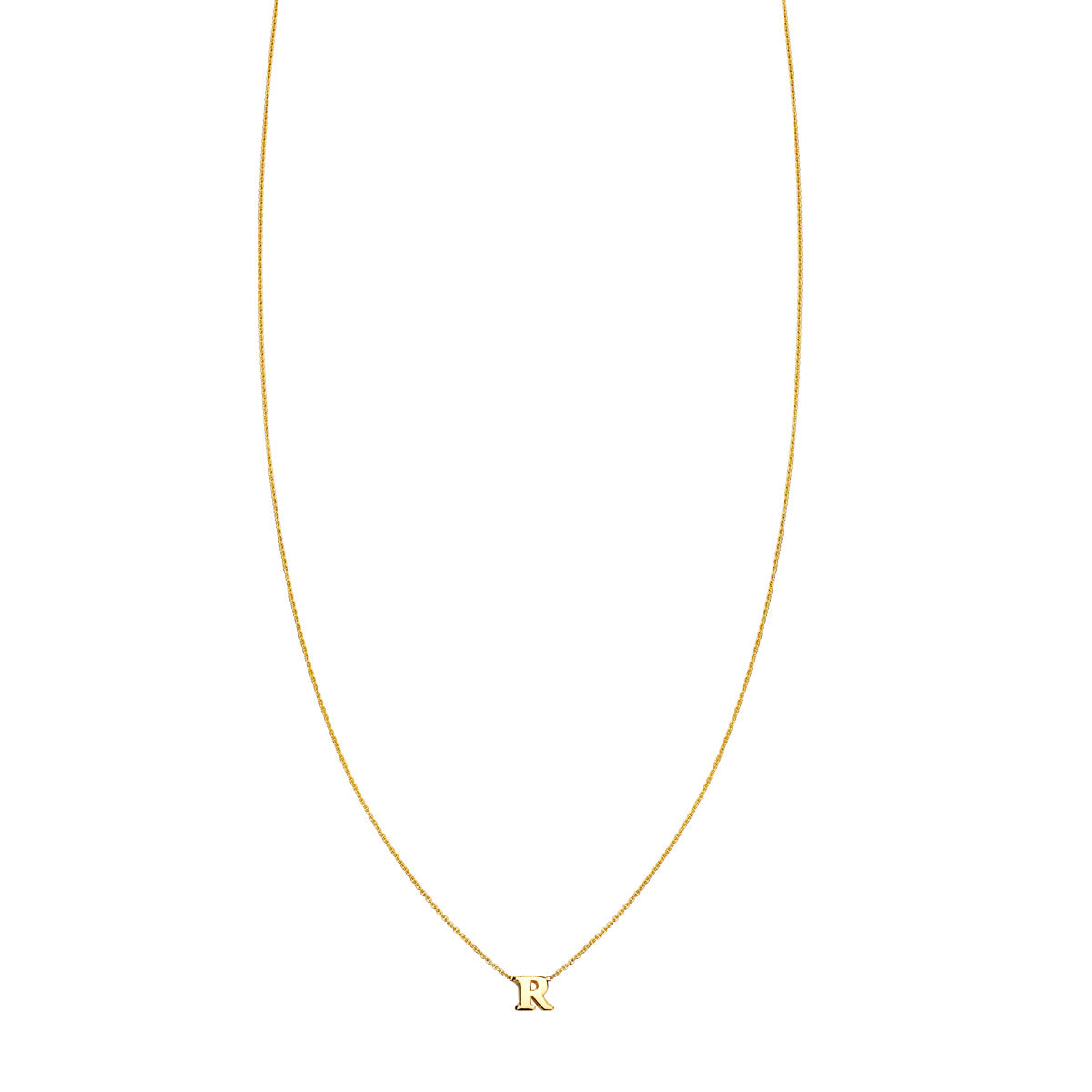 Fine jewelry gold R initial necklace in 14k yellow, white, or rose gold, customizable chain lengths, handcrafted NYC.