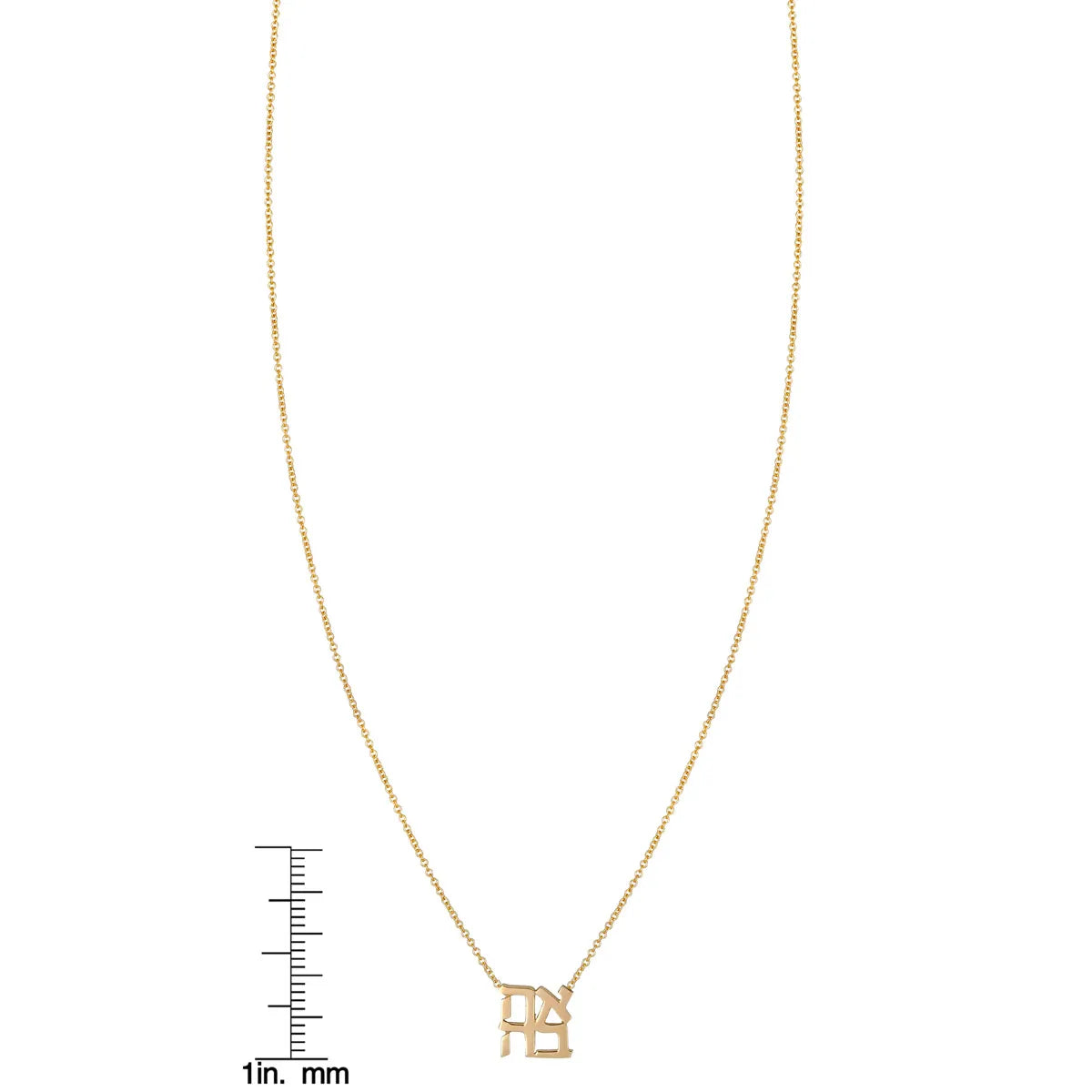 Gold Ahavah necklace in Hebrew script by Phoenix Roze, elegant love pendant on a delicate chain.