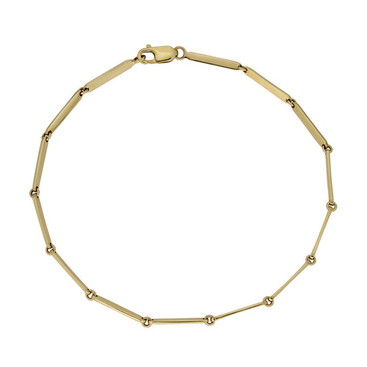 Refined Simplicity: solid 14k gold bar chain bracelet with polished links, lobster clasp, handmade in NYC.