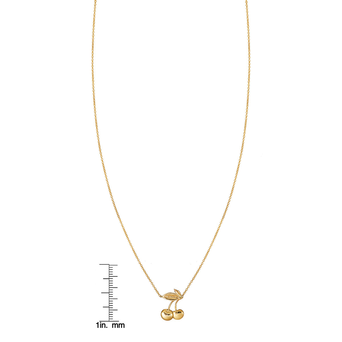 14k gold cherry pendant necklace shown with ruler for scale; dainty chain and twin cherries charm.
