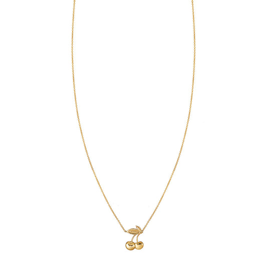 14k gold cherry charm necklace with detailed stems and leaves—whimsical fine jewelry in yellow, rose, or white gold