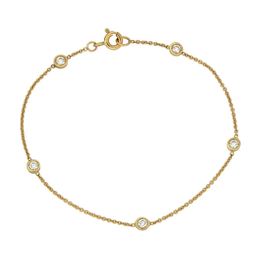 14K gold five diamond bracelet with bezel-set VS clarity diamonds, delicate sparkle, timeless minimalist elegance