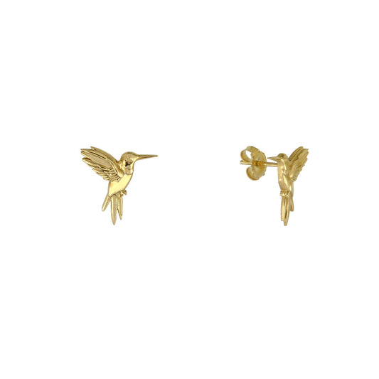 Grace in Flight 14k gold hummingbird stud earrings, handcrafted in NYC, lifelike 14mm design in yellow, white, or rose