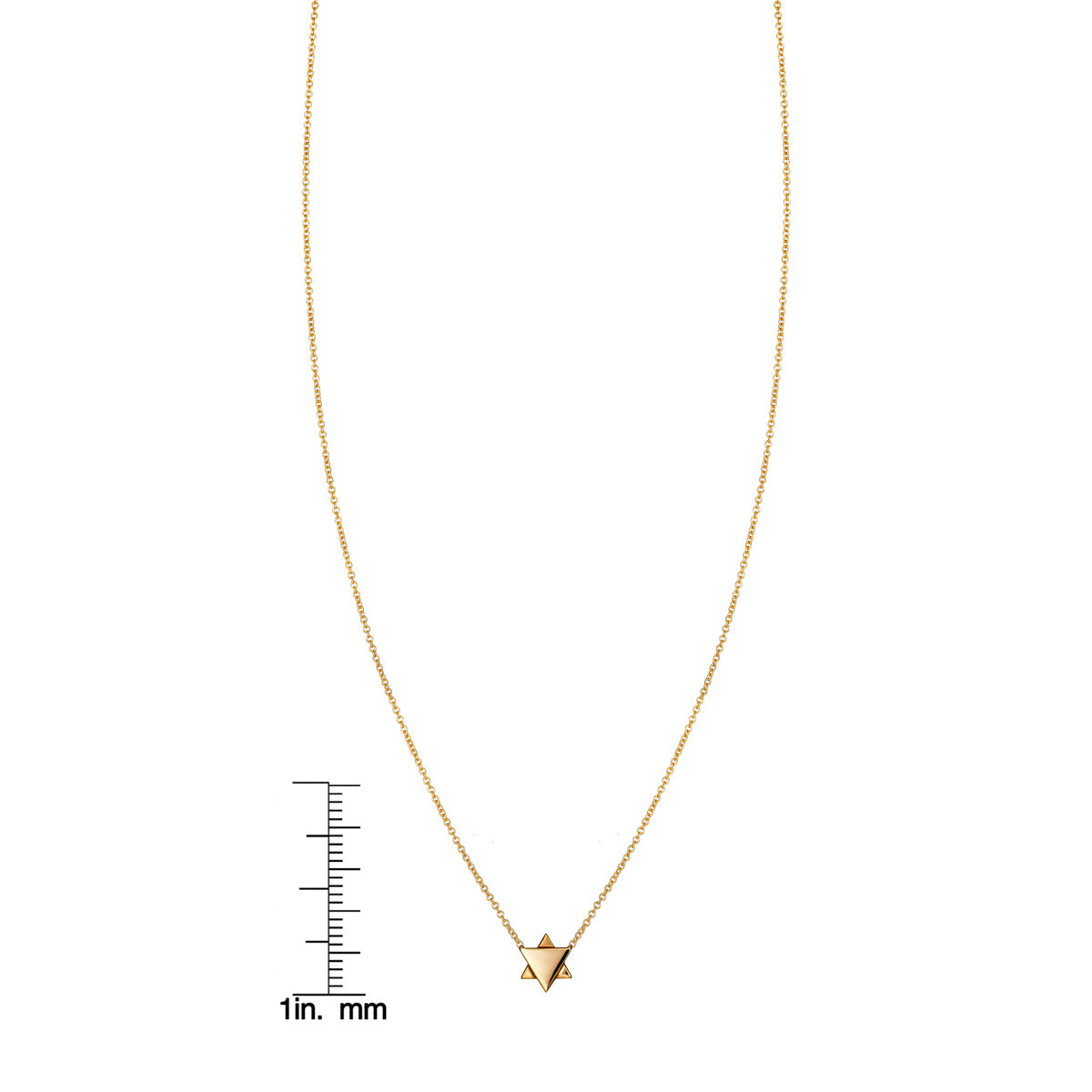 Delicate gold Jewish Star of David necklace shown beside a ruler for size reference
