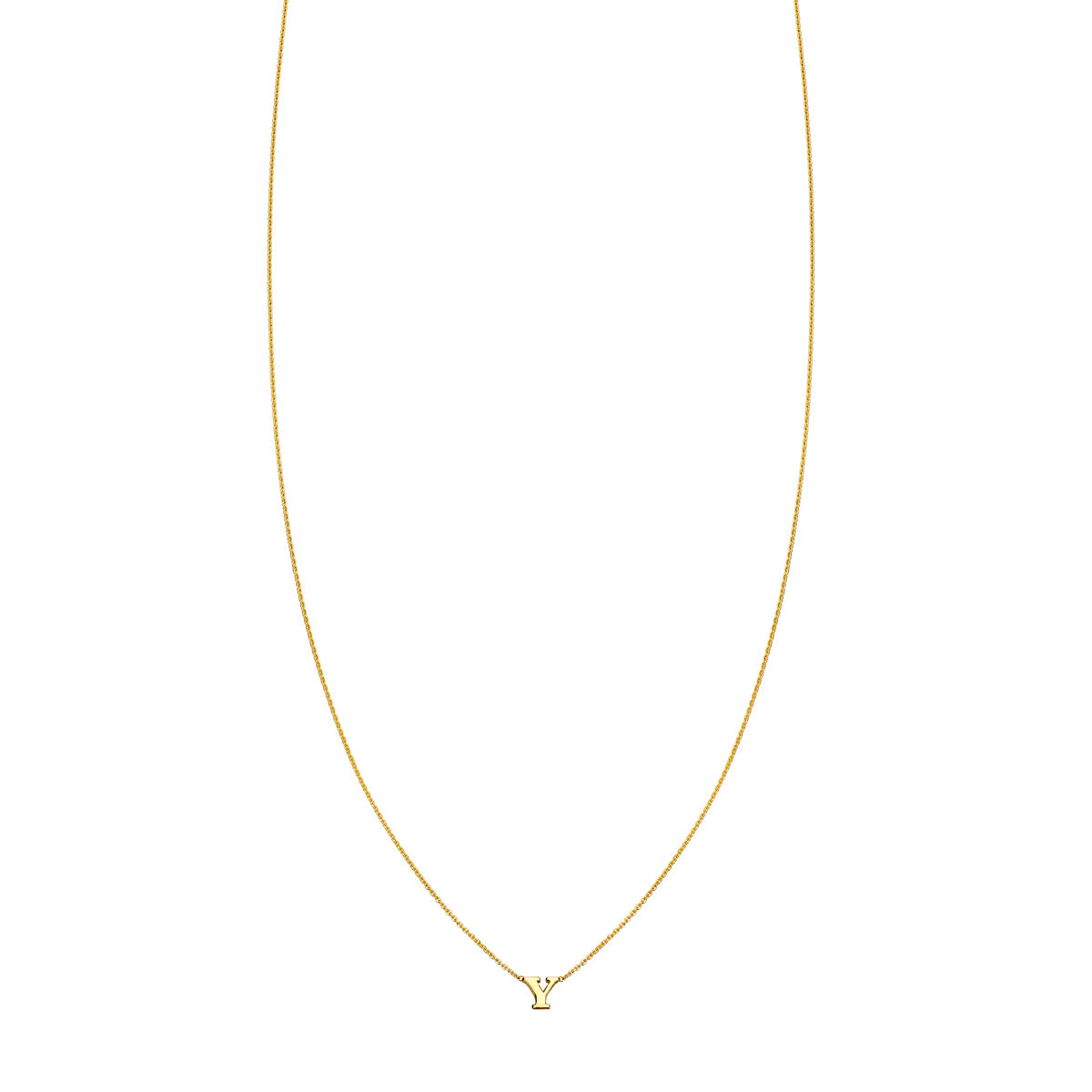 14k gold letter Y initial necklace in yellow, white, or rose gold, crafted in NYC; delicate 3/16 in pendant, 18–24 in chain.