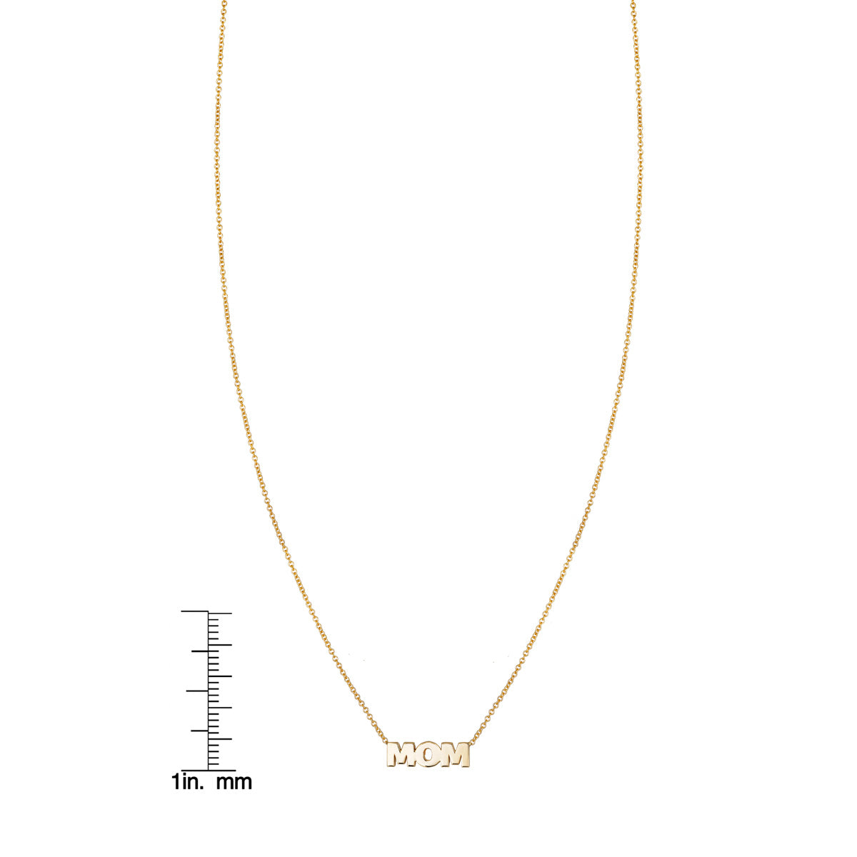 Gold MOM pendant necklace by Phoenix Roze shown beside a ruler for size reference