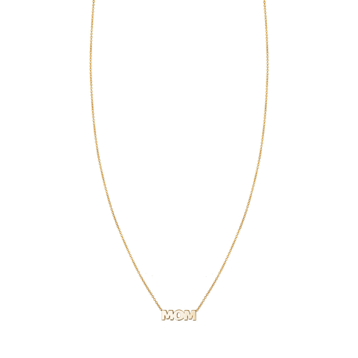 14k gold "MOM" letters charm necklace on a delicate chain, a timeless gift celebrating motherhood and everyday elegance