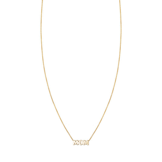 14k gold "MOM" letters charm necklace on a delicate chain, a timeless gift celebrating motherhood and everyday elegance