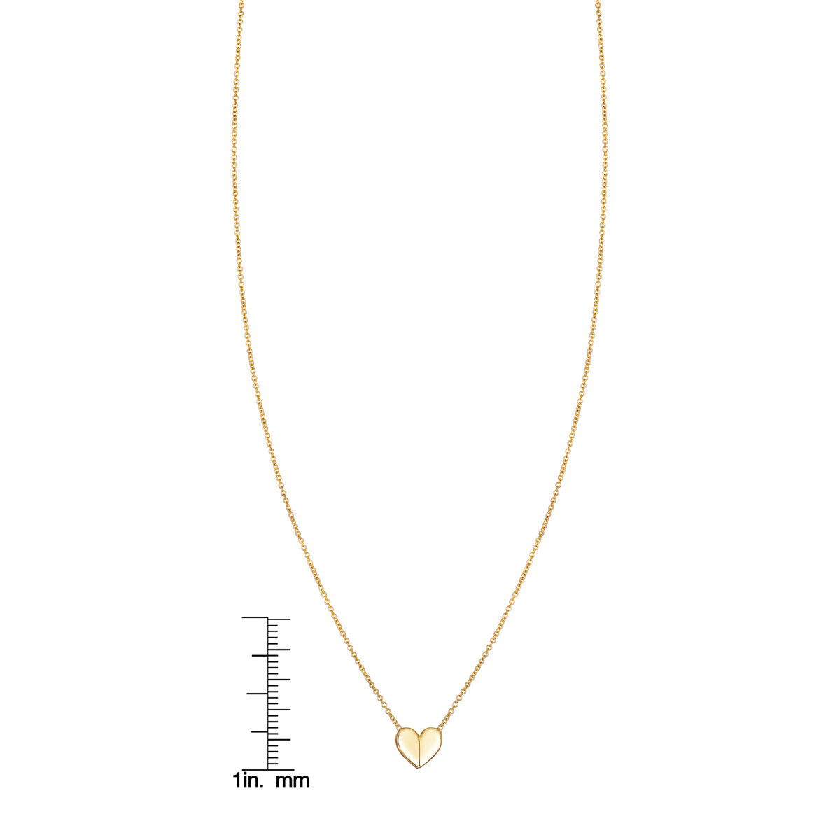 Phoenix Roze gold folded heart necklace, small, shown next to a ruler for scale