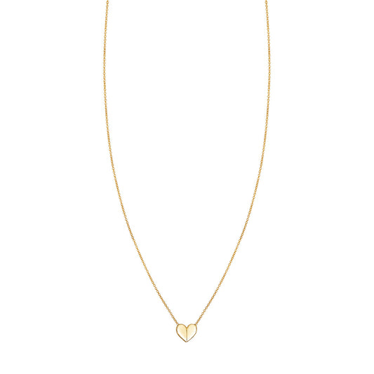 14k gold small folded heart necklace—classic heart with a modern twist; available in yellow, rose, or white gold