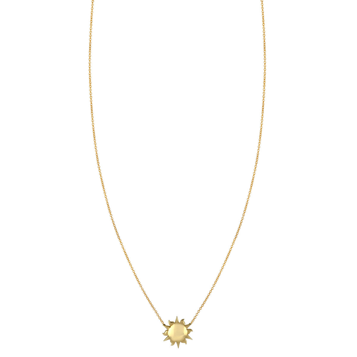 Radiant 14k gold 12mm sun necklace pendant, polished center and sculpted rays, handcrafted in NYC by Phoenix Roze.