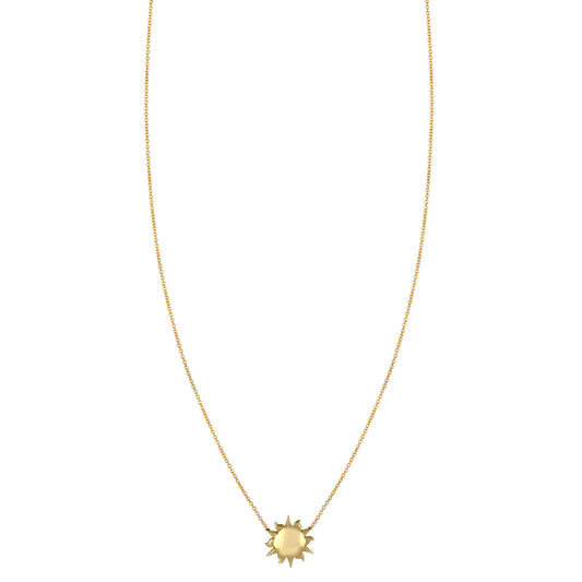 Radiant 14k gold 12mm sun necklace pendant, polished center and sculpted rays, handcrafted in NYC by Phoenix Roze.