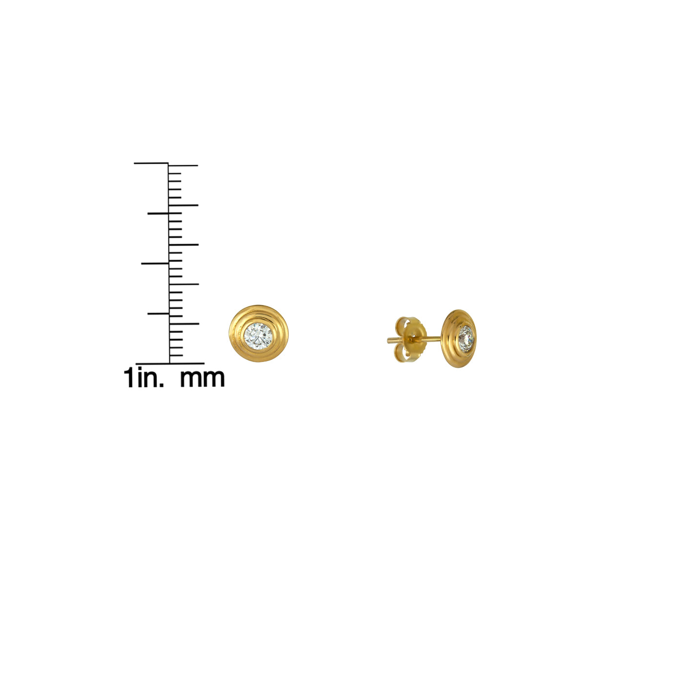 Gold tiered diamond stud earrings, close-up detail showing layered sparkle and polished yellow gold setting