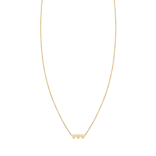 14k solid gold triple heart necklace with three side-by-side hearts, timeless symbol of love