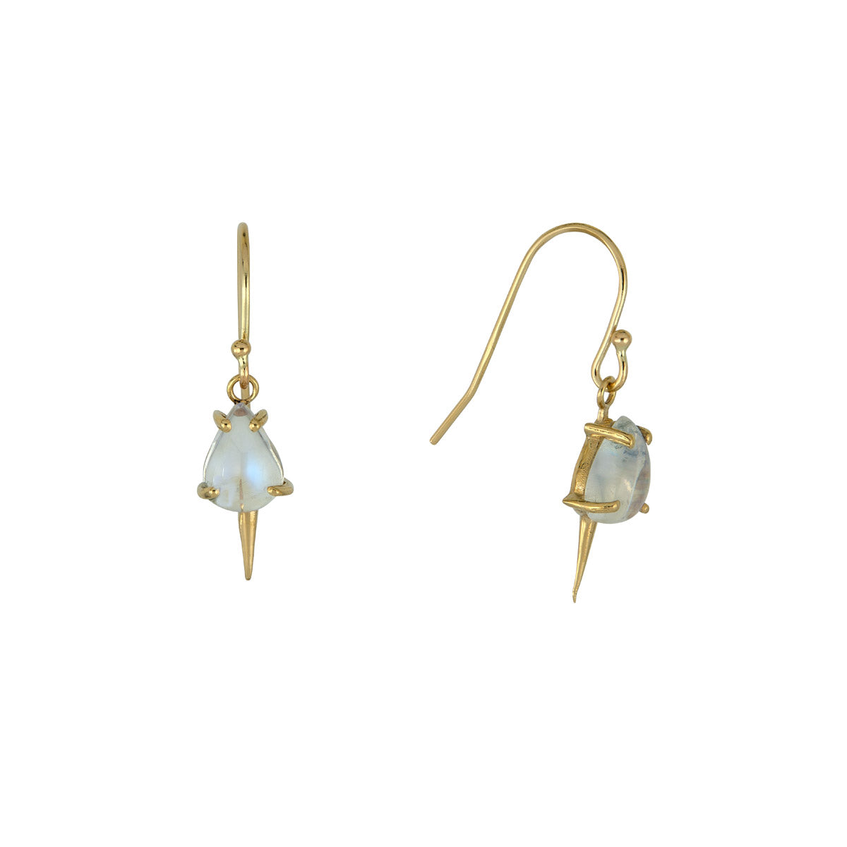 Handmade 14k gold moonstone dangle spike earrings—pear-shaped moonstone with sleek gold drop