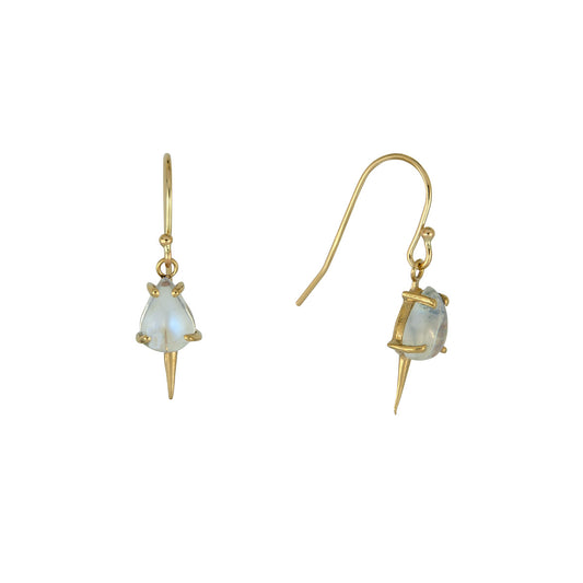Handmade 14k gold moonstone dangle spike earrings—pear-shaped moonstone with sleek gold drop