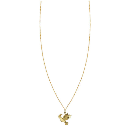 Handmade 14K gold peace dove necklace with olive branch, symbol of peace, hope, and harmony, crafted in NYC