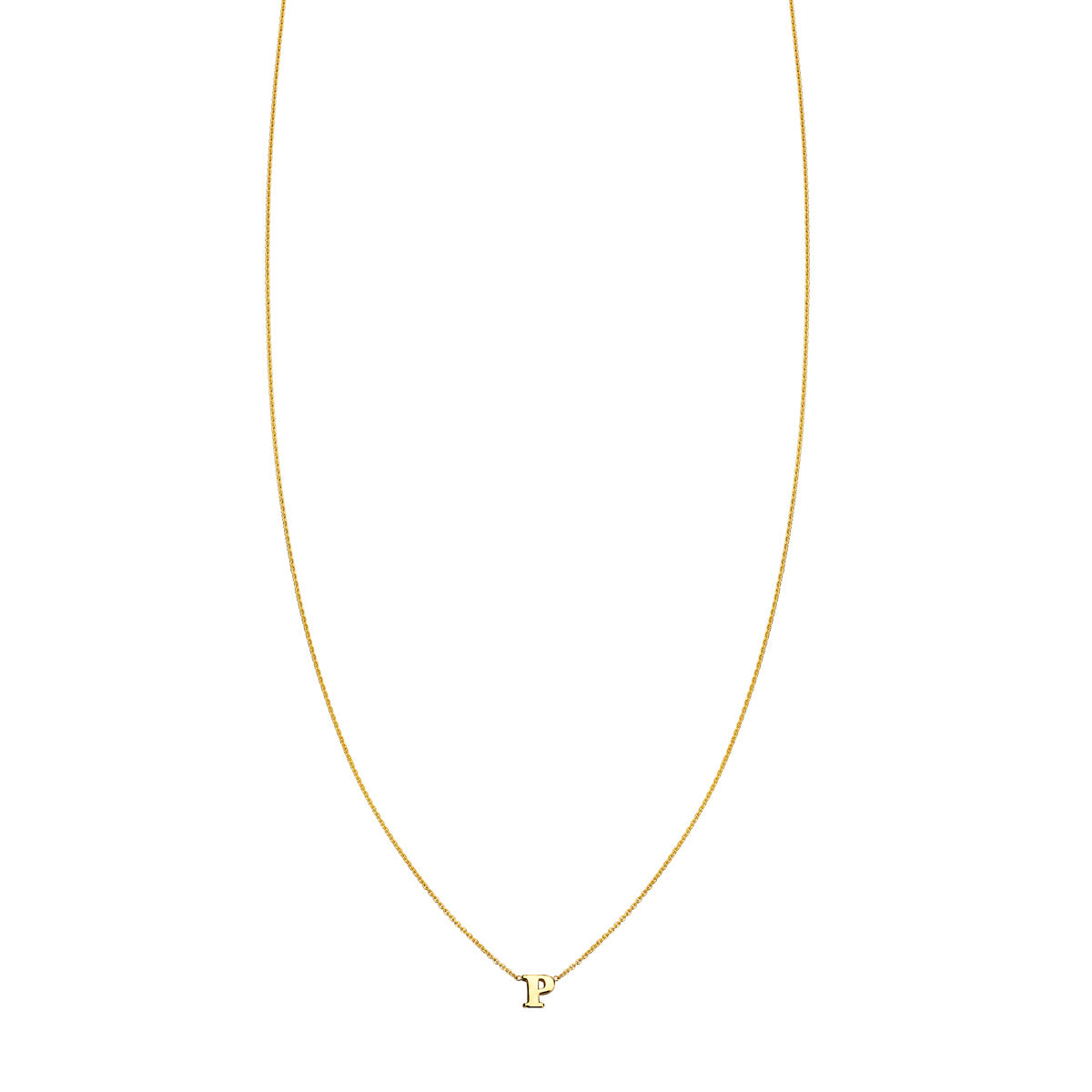 14k gold letter P initial necklace in yellow, white, or rose gold, customizable lengths, handcrafted in NYC