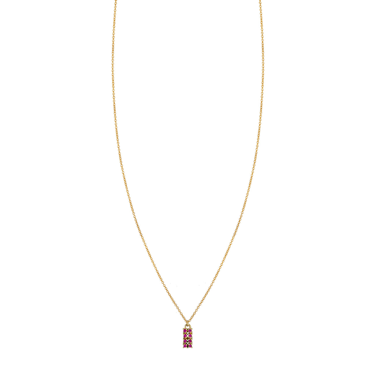Ruby and 14k gold tag necklace with 0.08ct prong-set rubies, modern pendant in yellow, white, or rose gold.