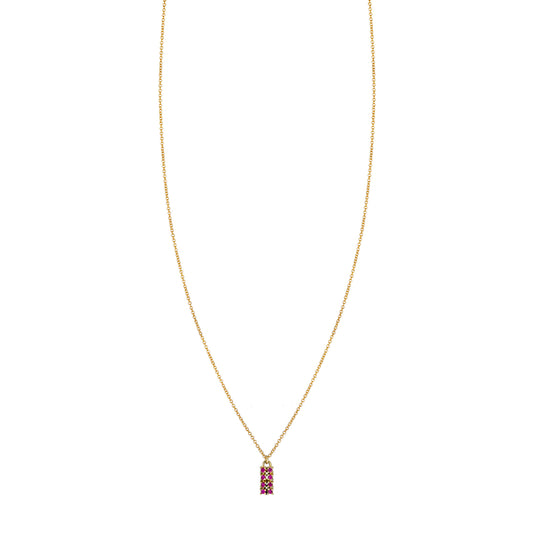 Ruby and 14k gold tag necklace with 0.08ct prong-set rubies, modern pendant in yellow, white, or rose gold.