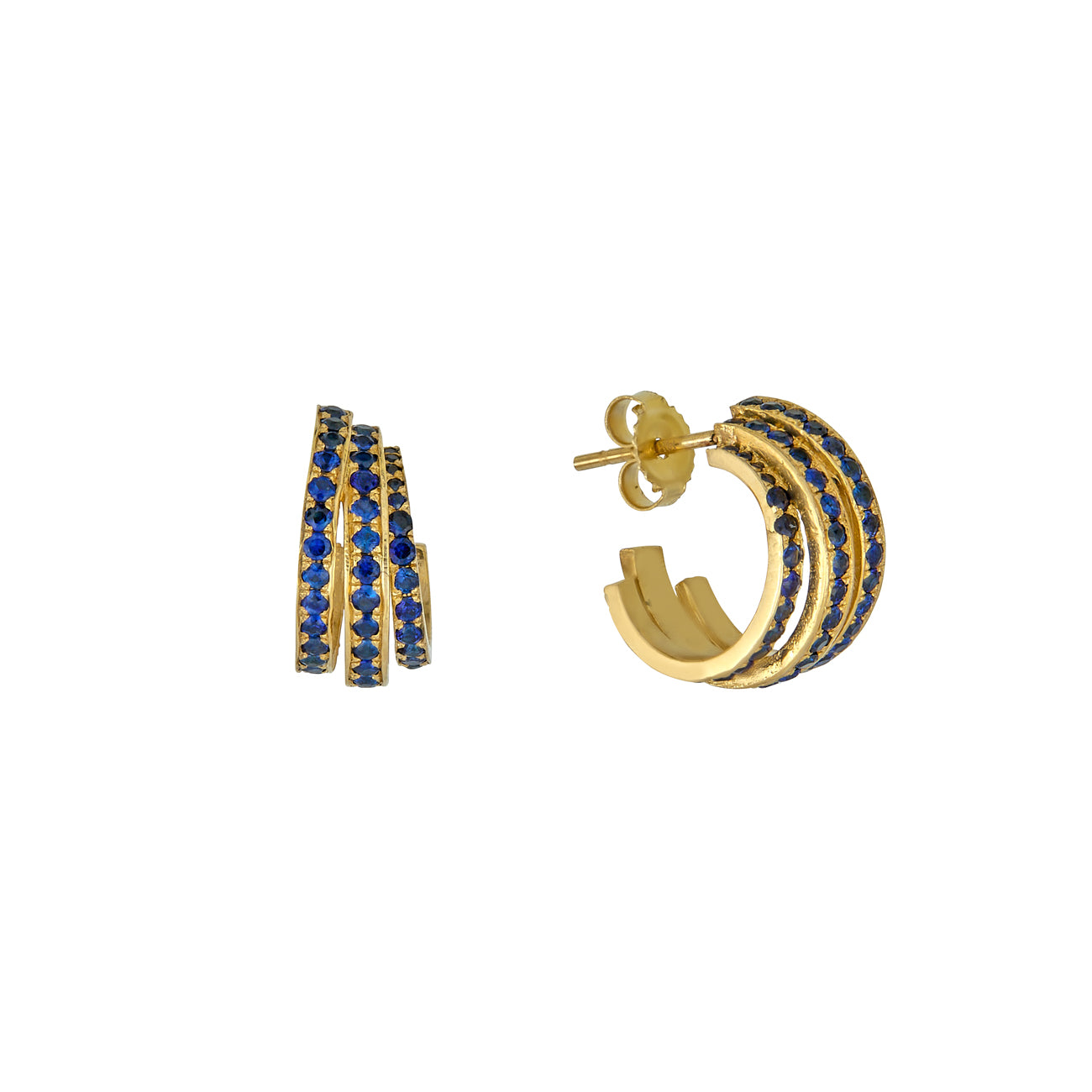 Handcrafted 14k gold sapphire triple hoop earrings, 15mm with 0.5ct prong-set deep blue stones - modern, timeless luxury