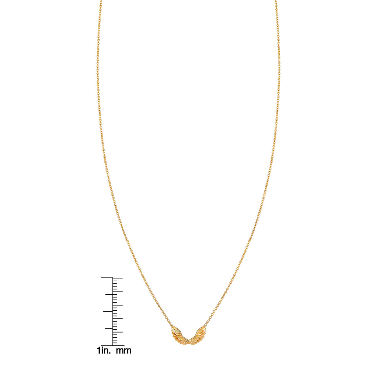 Small gold angel wings pendant necklace shown with ruler for size reference