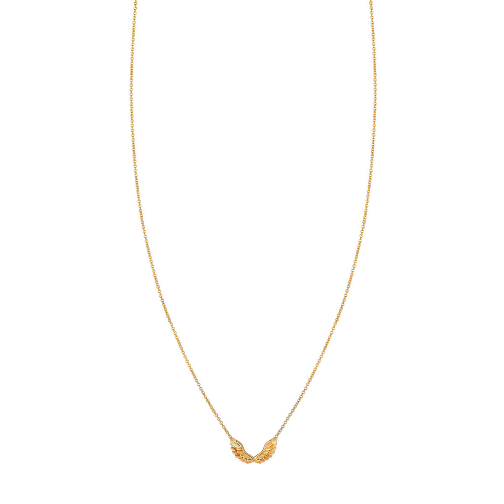 14k gold small angel wings necklace with detailed feathers, delicate and celestial, available in yellow, rose, or white gold