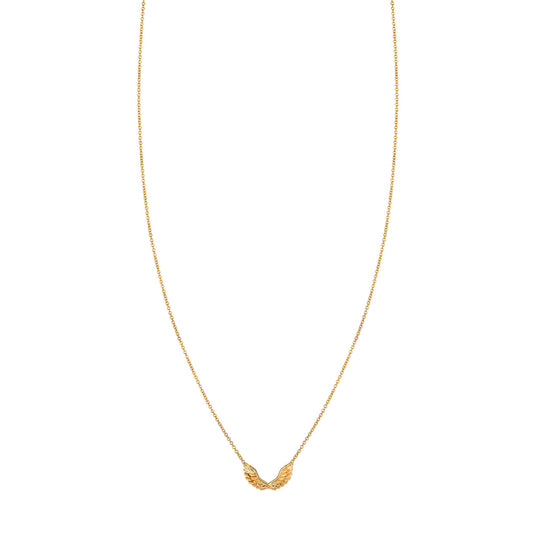 14k gold small angel wings necklace with detailed feathers, delicate and celestial, available in yellow, rose, or white gold