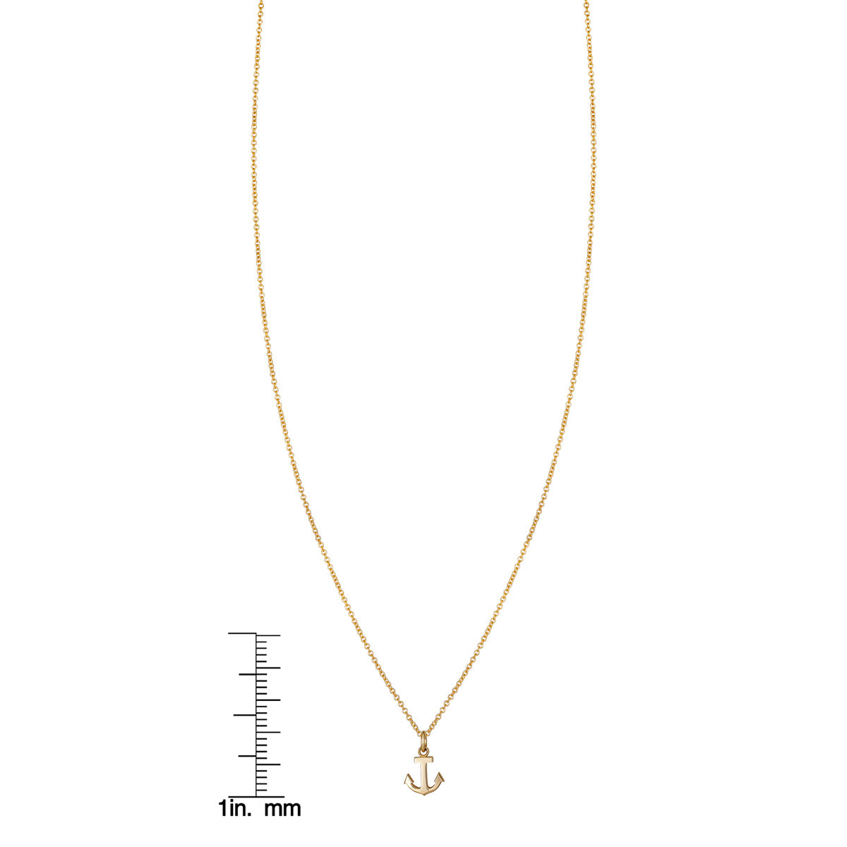 Tiny gold anchor necklace beside a ruler for scale, delicate minimalist nautical pendant in 14k gold