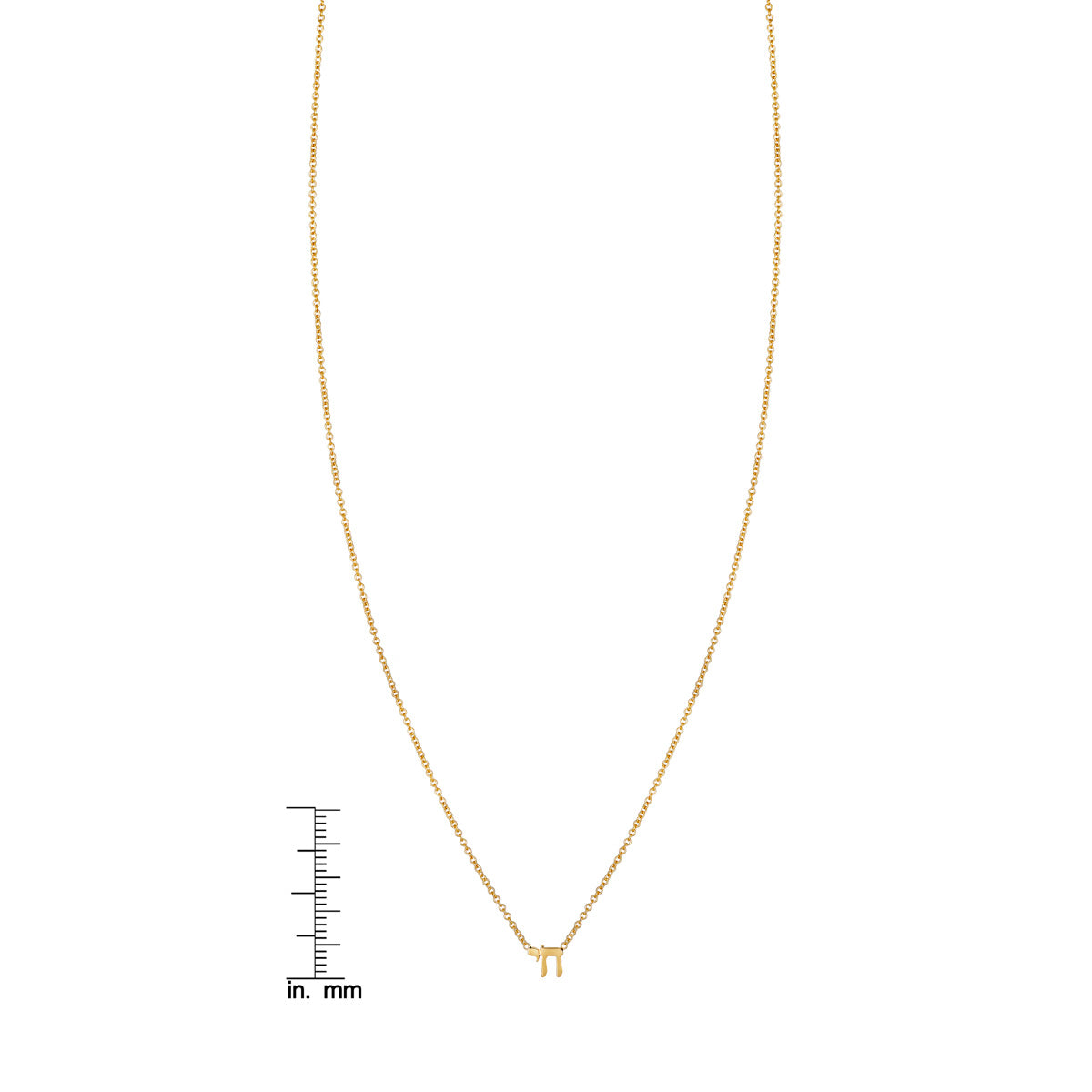 Phoenix Roze tiny gold Chai pendant necklace on delicate chain shown with ruler for scale