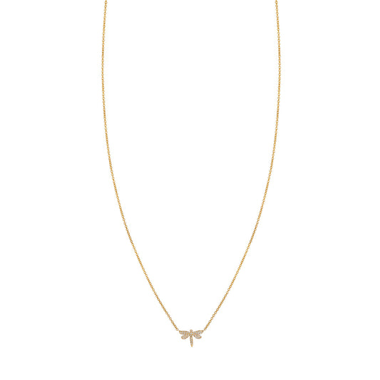 14k gold tiny pave white diamond dragonfly charm necklace with realistic wings, nature-inspired elegance