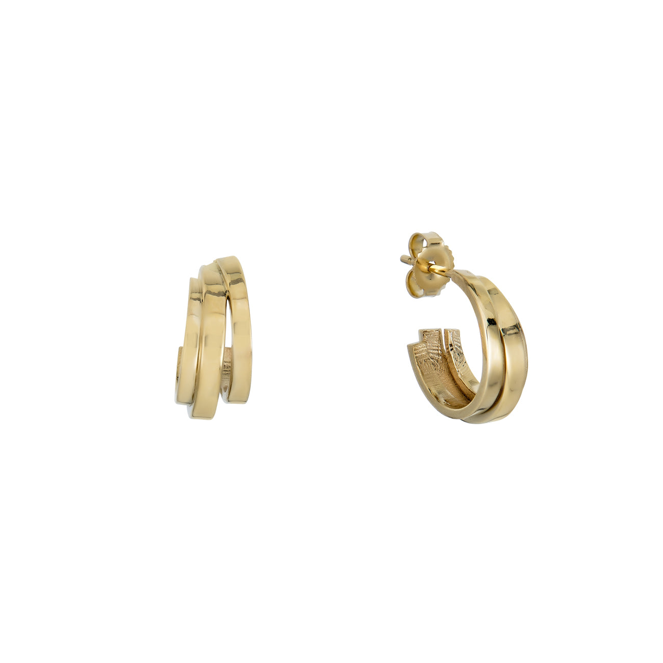 14k triple gold half hoop earrings with three stacked rings, flat design in yellow or rose gold