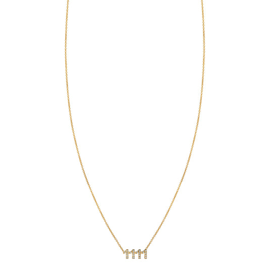 White Diamond 1111 Necklace in 14k gold—handmade pendant with sparkling diamonds in yellow, white, or rose gold