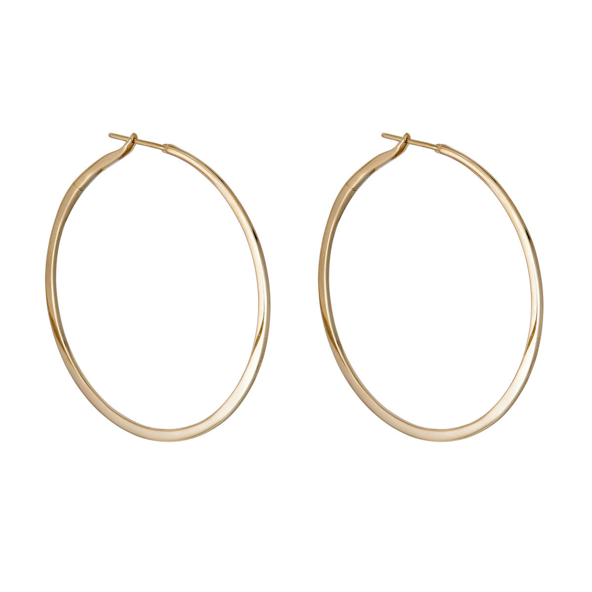 Side view of 1 3/4-inch skinny solid 14K gold hoop earrings with polished shine; bold yet lightweight.