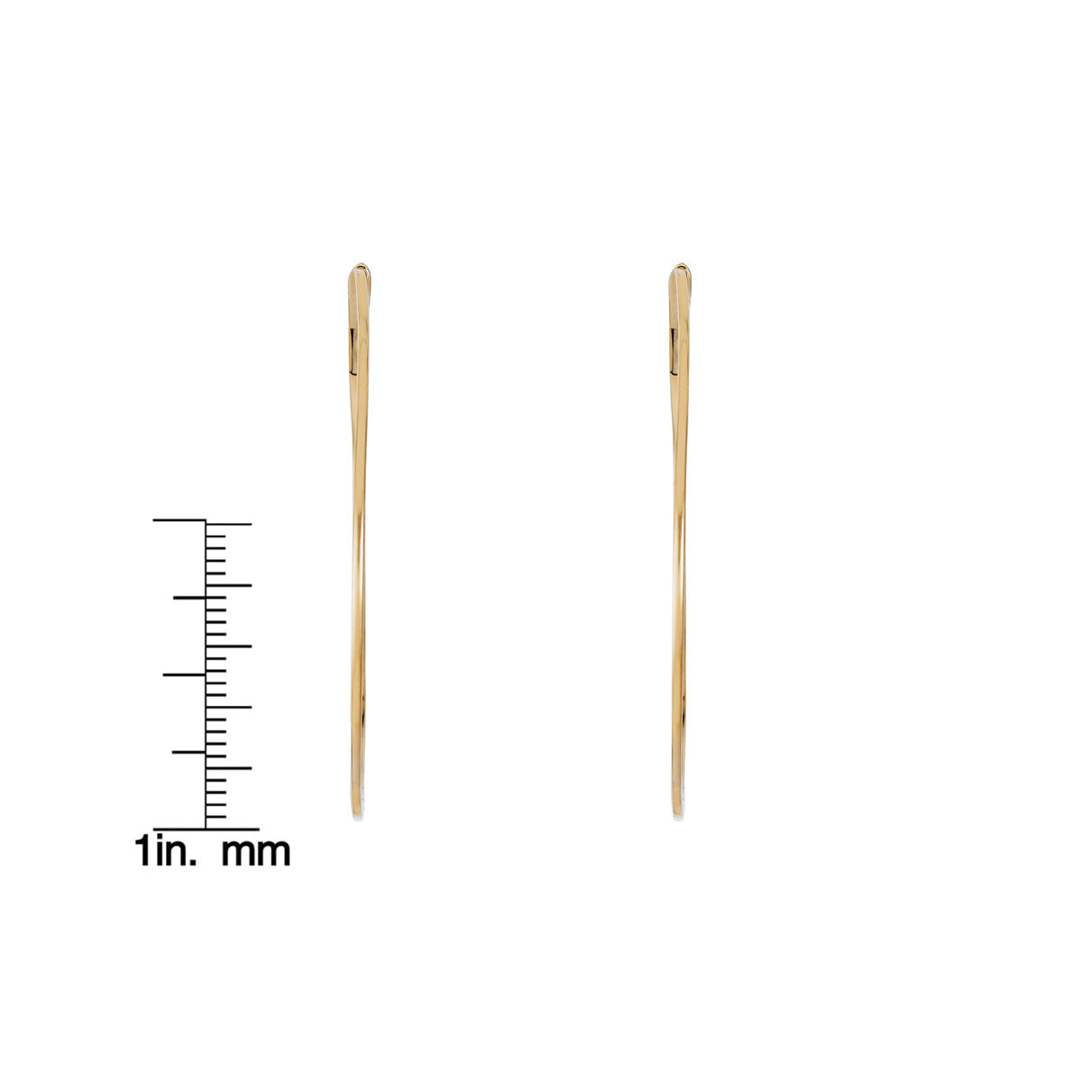 1 3/4-inch skinny gold hoop earrings next to a ruler for scale