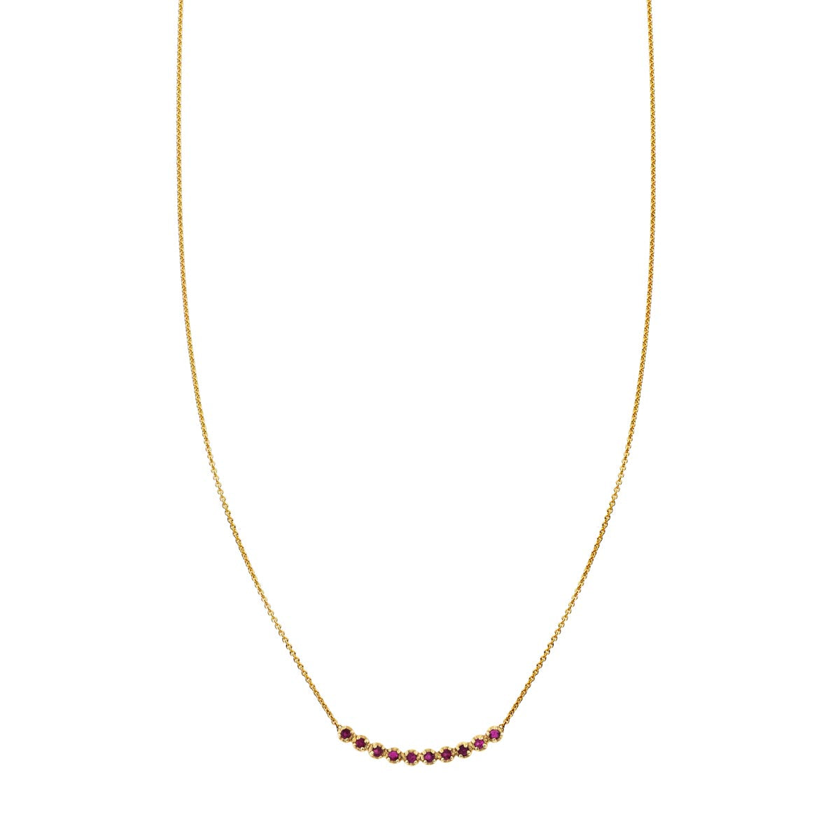 10 round ruby arch necklace with ten purple-red rubies on 14k gold chain, handcrafted in NYC; also available in emerald.