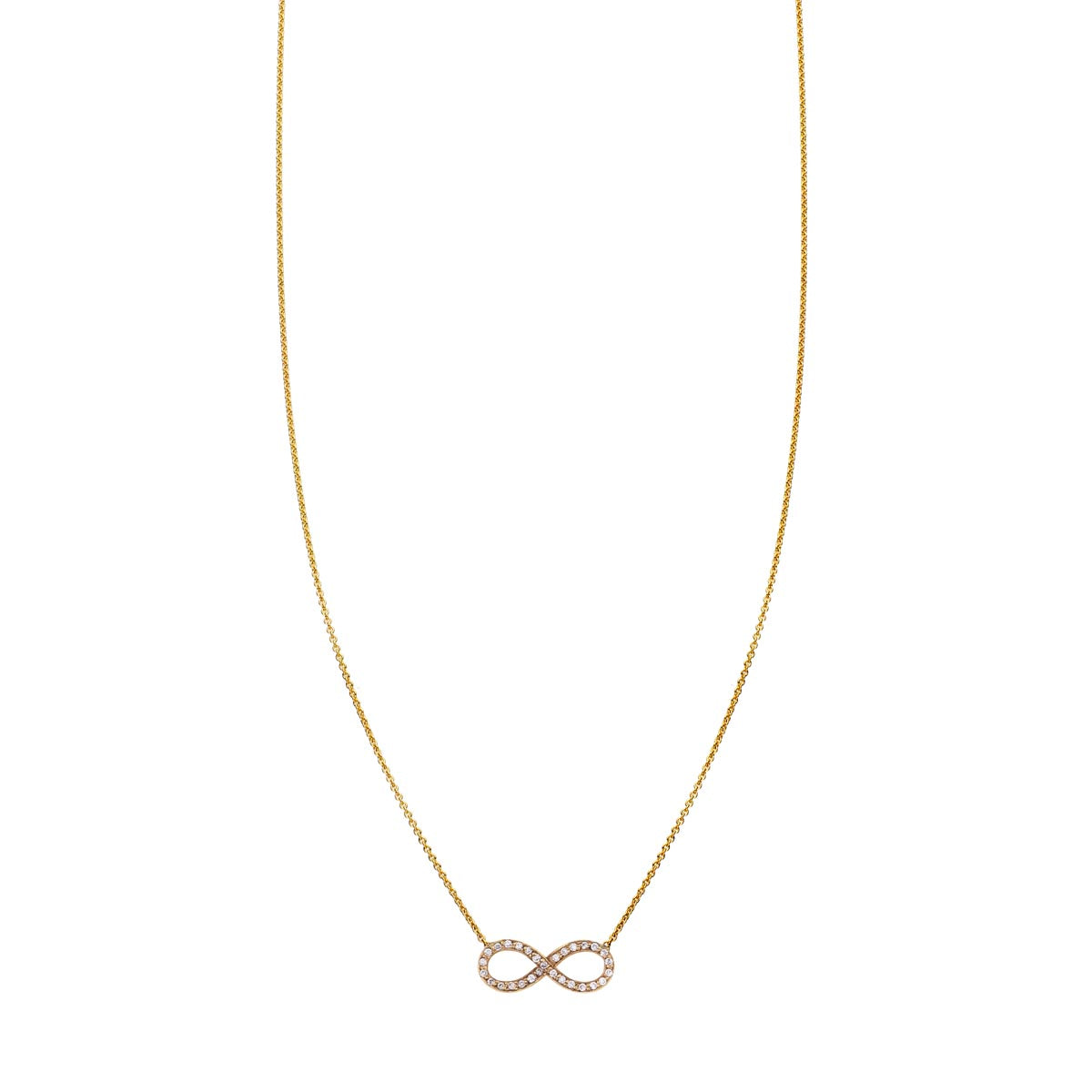 Gold infinity necklace with sparkling white diamonds on a chic gold chain, elegant lemniscate pendant