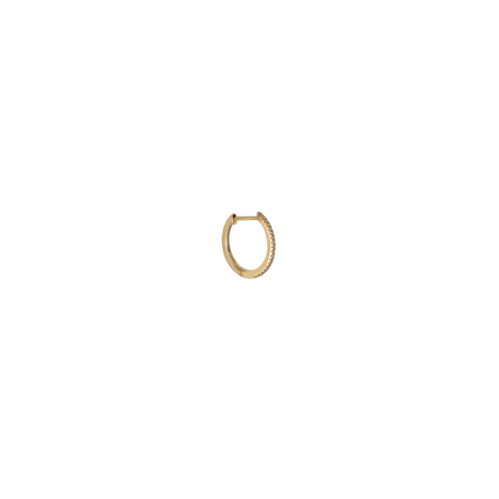 Side view of 12mm diamond huggie gold hoop earring in 14k pave—sleek ear-stack essential by Phoenix Roze